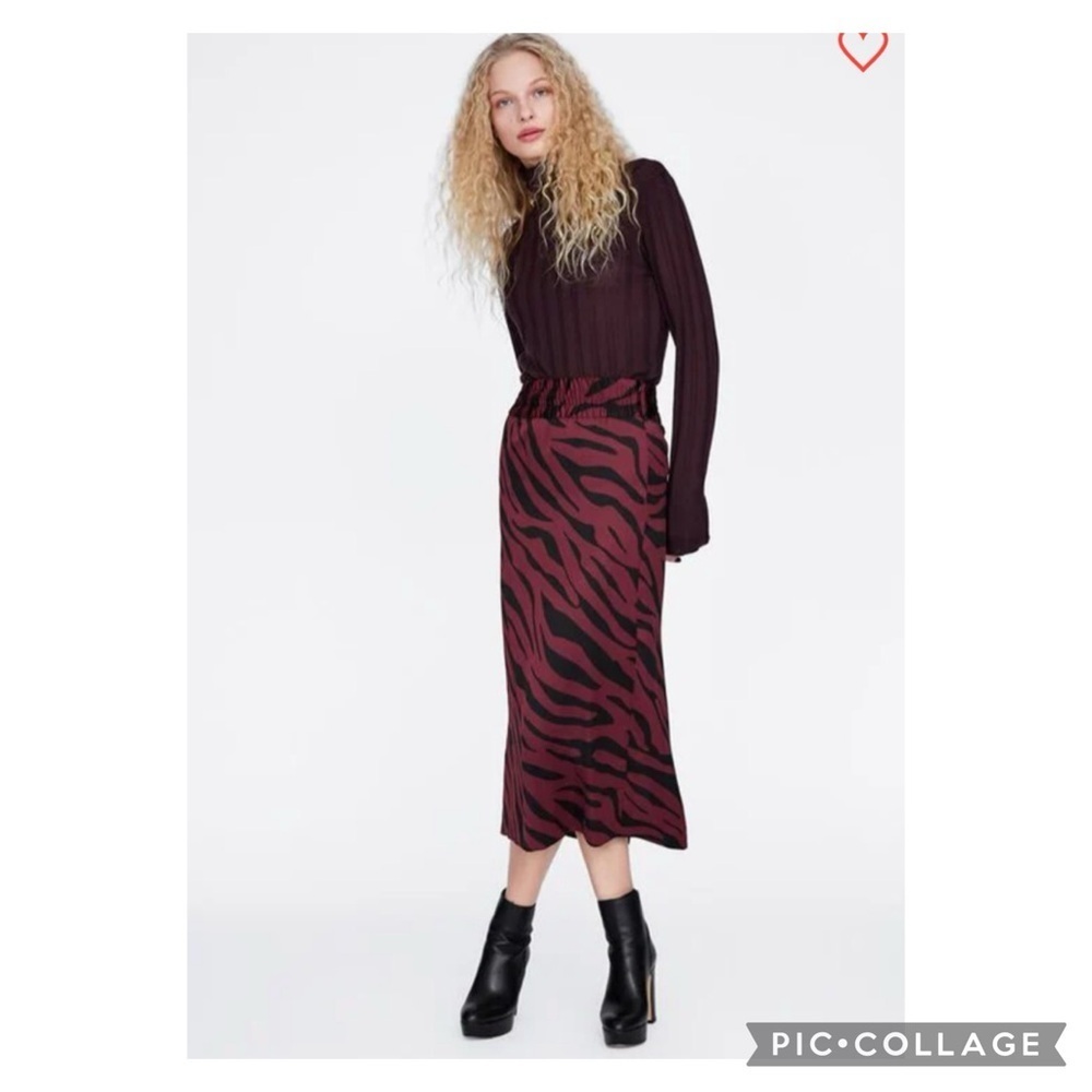 Zara Burgundy Satin Animal Print Midi Pencil Skirt Size Small